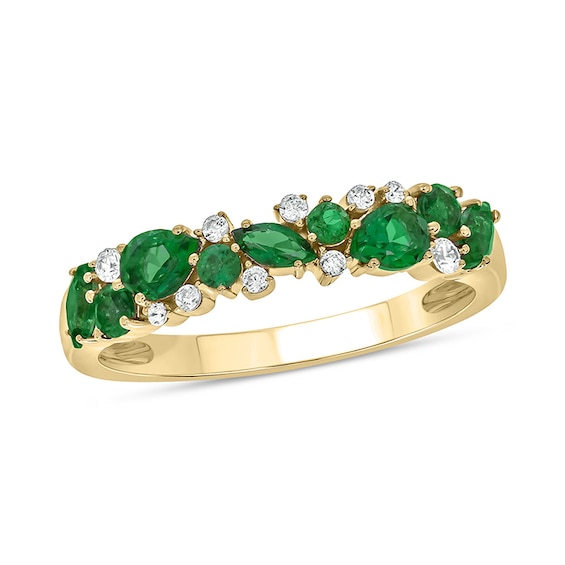 Multi-Shaped Lab-Created Emerald and 1/10 CT. T.w. Diamond Band in Sterling Silver with 14K Gold Plate