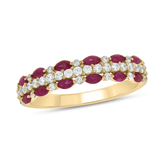 Marquise-Cut Lab-Created Ruby and 1/3 CT. T.w. Diamond Triple Row Band in Sterling Silver with 14K Gold Plate