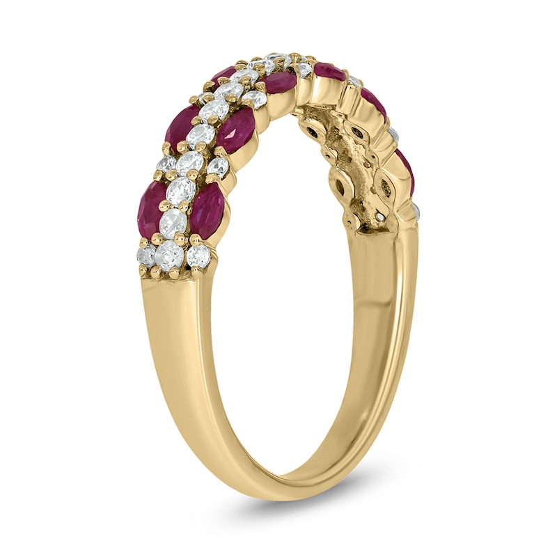 Main Image 2 of Marquise-Cut Lab-Created Ruby and 1/3 CT. T.W. Diamond Triple Row Band in Sterling Silver with 14K Gold Plate