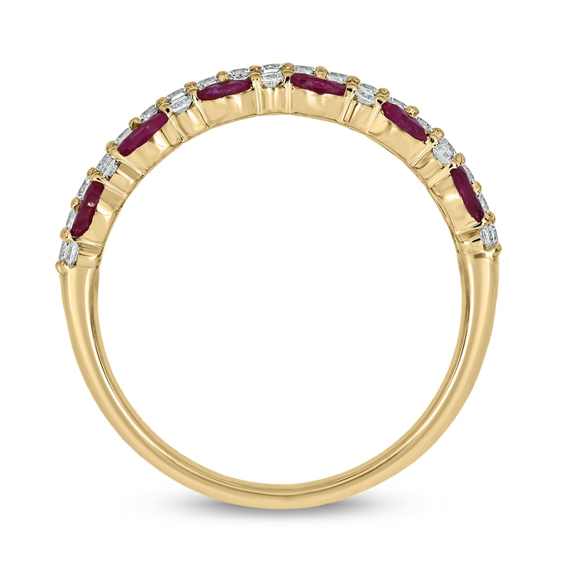 Main Image 3 of Marquise-Cut Lab-Created Ruby and 1/3 CT. T.W. Diamond Triple Row Band in Sterling Silver with 14K Gold Plate