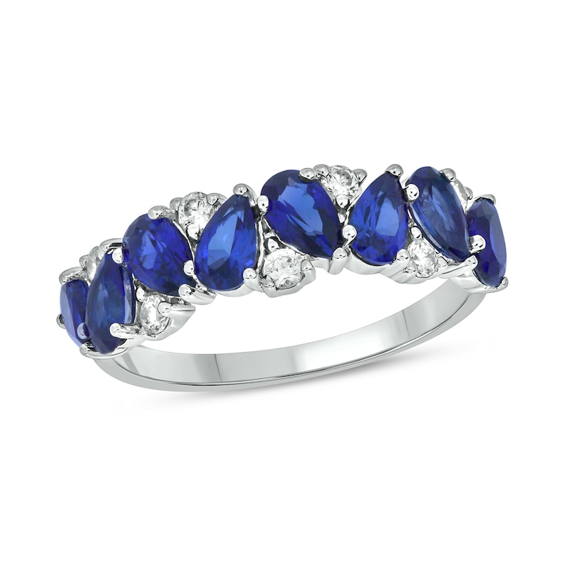 Main Image 1 of Pear-Shaped Blue Lab-Created Sapphire and 1/5 CT. T.W. Diamond Zig-Zag Band in Sterling Silver
