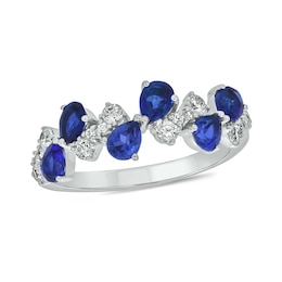Pear-Shaped Blue Lab-Created Sapphire and 1/3 CT. T.W. Diamond Alternating Bows Band in Sterling Silver