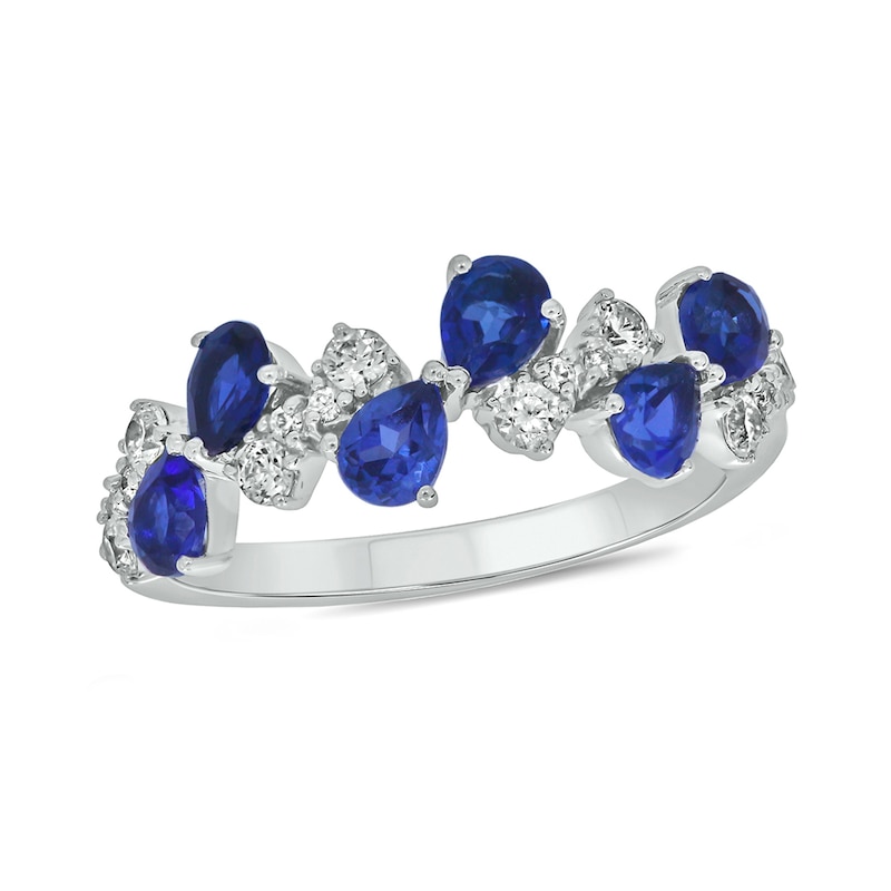 Main Image 1 of Pear-Shaped Blue Lab-Created Sapphire and 1/3 CT. T.W. Diamond Alternating Bows Band in Sterling Silver