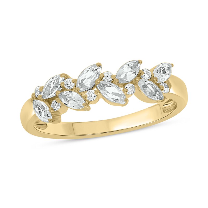 Main Image 1 of Marquise-Cut Lab-Created Sapphire and 1/10 CT. T.W. Diamond Flower Petals Band in Sterling Silver with 14K Gold Plate
