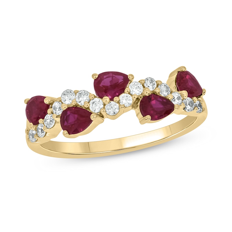 Main Image 1 of Pear-Shaped Lab-Created Ruby and 1/4 CT. T.W. Diamond Wavy Band in Sterling Silver with 14K Gold Plate