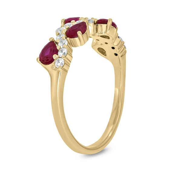 Pear-Shaped Lab-Created Ruby and 1/4 CT. T.w. Diamond Wavy Band in Sterling Silver with 14K Gold Plate