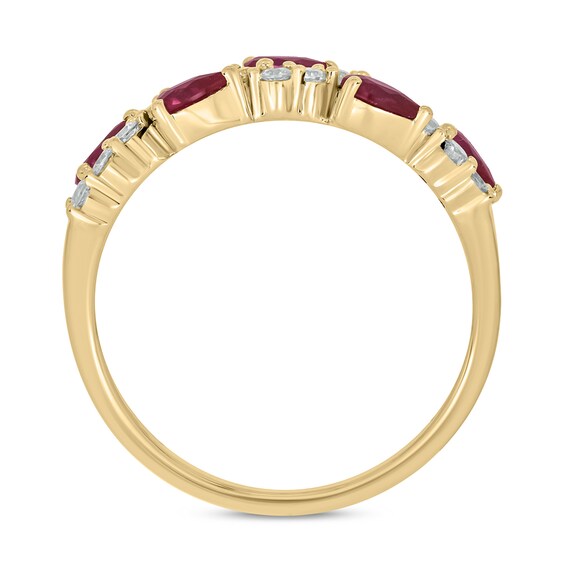 Pear-Shaped Lab-Created Ruby and 1/4 CT. T.w. Diamond Wavy Band in Sterling Silver with 14K Gold Plate