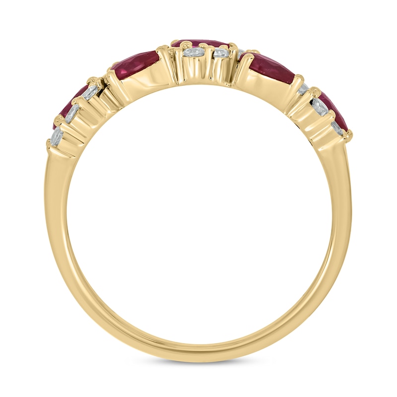 Main Image 3 of Pear-Shaped Lab-Created Ruby and 1/4 CT. T.W. Diamond Wavy Band in Sterling Silver with 14K Gold Plate