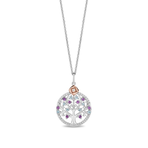Enchanted Disney Wish Amethyst, Blue Topaz and 1/8 CT. T.w. Diamond Tree Pendant in Sterling Silver and 10K Rose Gold