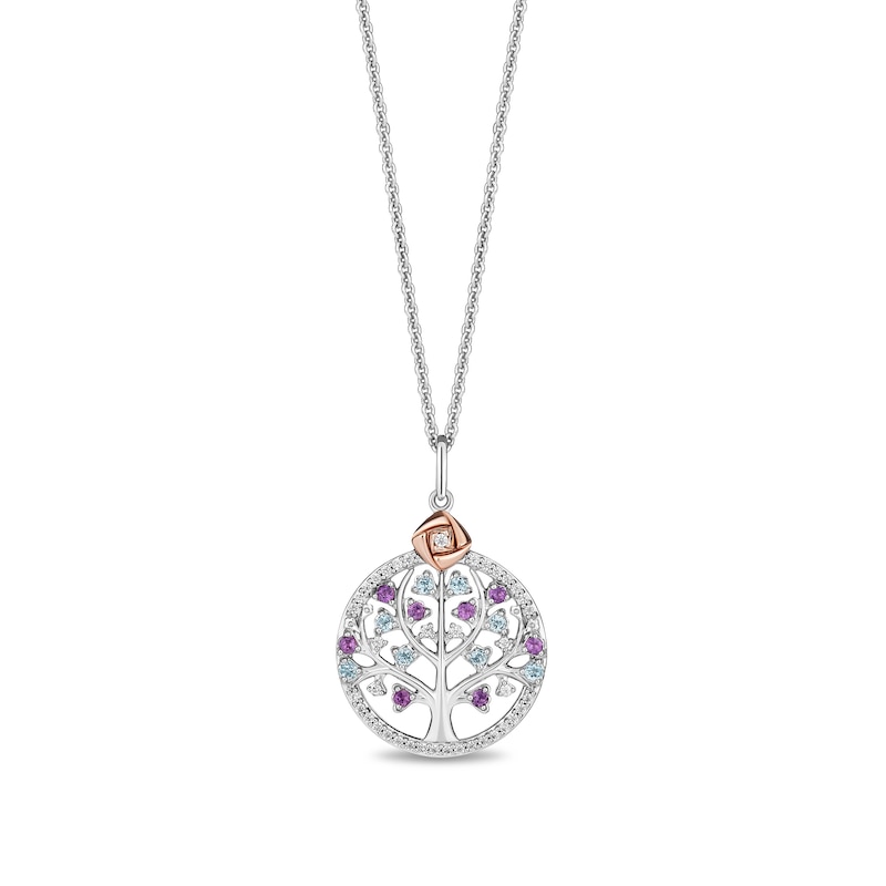 Main Image 1 of Enchanted Disney Wish Amethyst, Blue Topaz and 1/8 CT. T.W. Diamond Tree Pendant in Sterling Silver and 10K Rose Gold