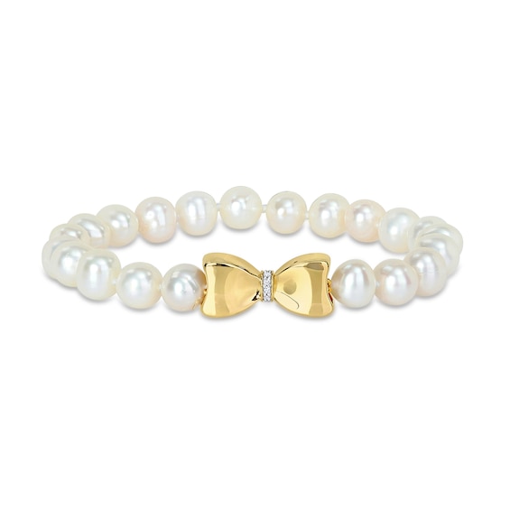 Eternally Bonded 7.0-7.5mm Cultured Freshwater Pearl Strand and 1/20 CT. T.w. Diamond Bow Stretch Bracelet with 10K Gold