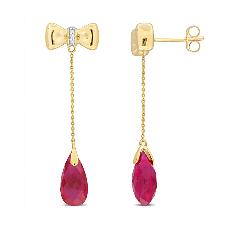 Main Image 1 of Eternally Bonded Faceted Pear-Shaped Lab-Created Ruby and Diamond Accent Bow Stud Chain Drop Earrings in 10K Gold
