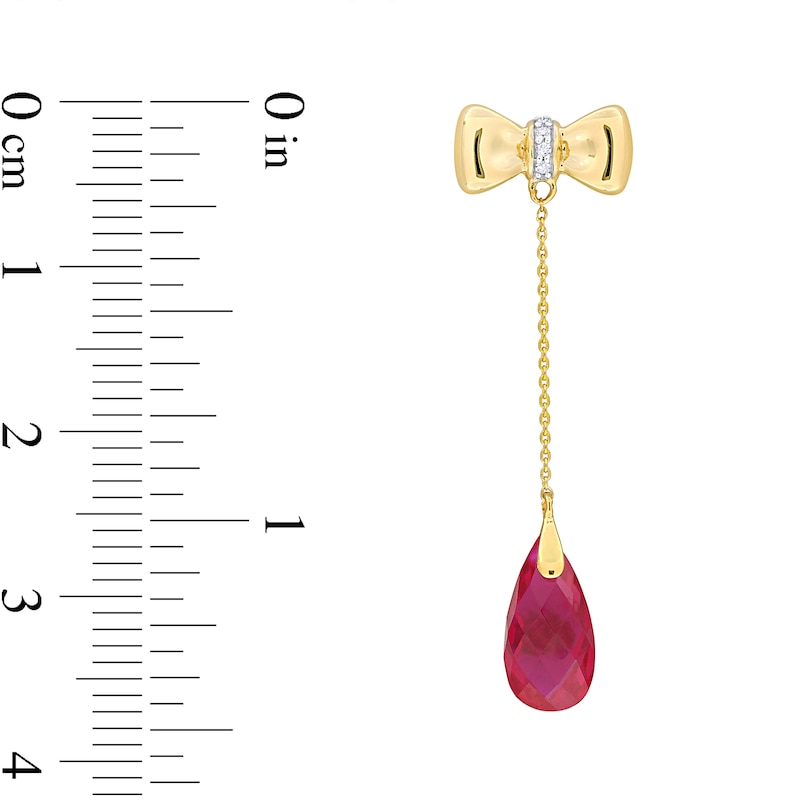 Main Image 2 of Eternally Bonded Faceted Pear-Shaped Lab-Created Ruby and Diamond Accent Bow Stud Chain Drop Earrings in 10K Gold