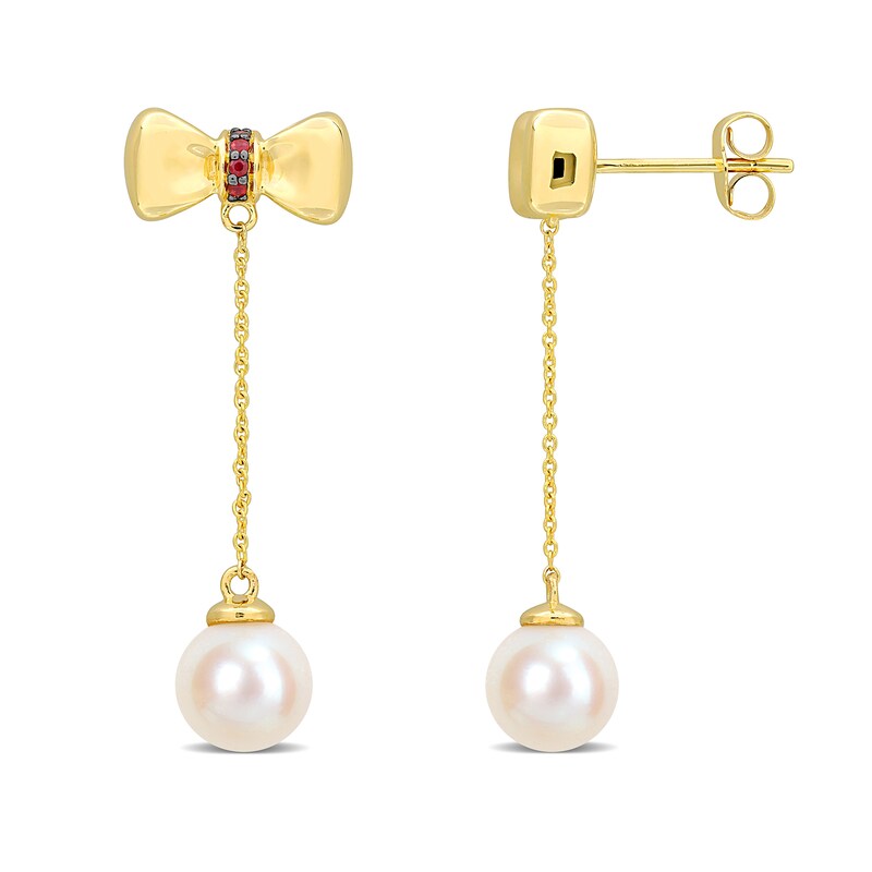 Main Image 1 of Eternally Bonded 7.0-7.5mm Freshwater Cultured Pearl and Ruby Bow Stud Chain Drop Earrings in 10K Gold