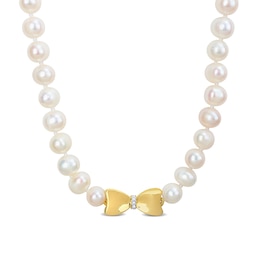 Eternally Bonded 7.0-7.5mm Freshwater Cultured Pearl Strand and 1/20 CT. T.W. Diamond Bow Stretch Necklace with 10K Gold-17"