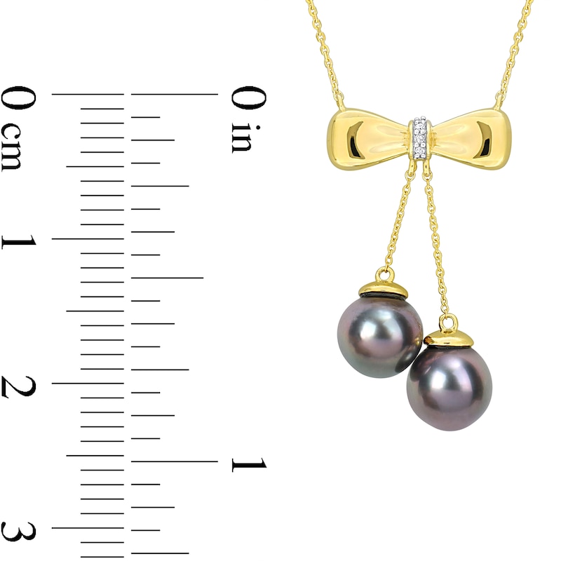 Main Image 2 of Eternally Bonded 8.5-9.0mm Black Tahitian Cultured Pearl and Diamond Accent Bow Necklace in 10K Gold