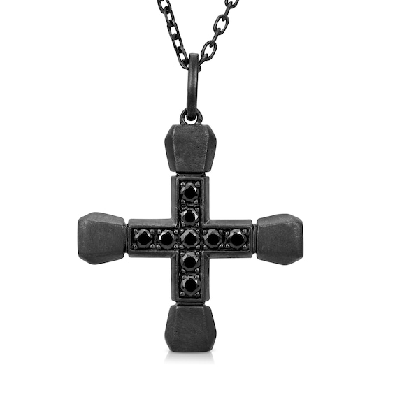 Men's 1/3 CT. T.w. Black Diamond Short Cross Pendant in Oxidized Black Sterling Silver - 24"