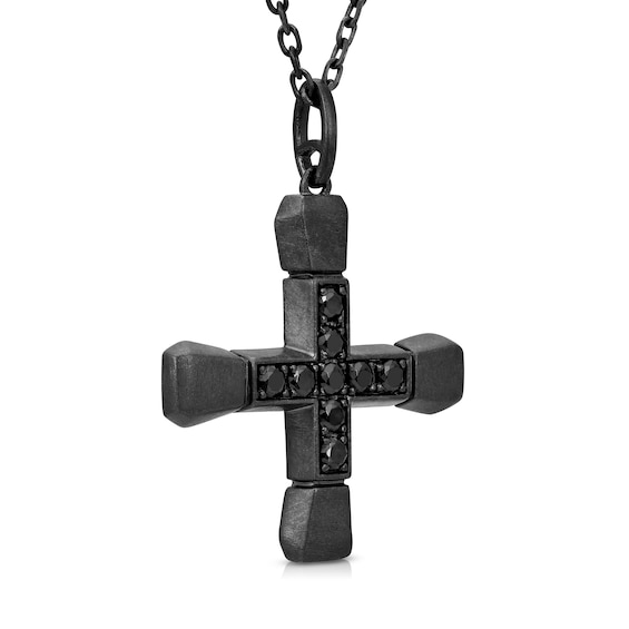 Men's 1/3 CT. T.w. Black Diamond Short Cross Pendant in Oxidized Black Sterling Silver - 24"