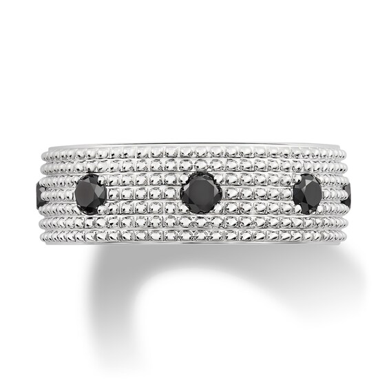 Black Spinel Station Beaded Multi-Row Band in Sterling Silver