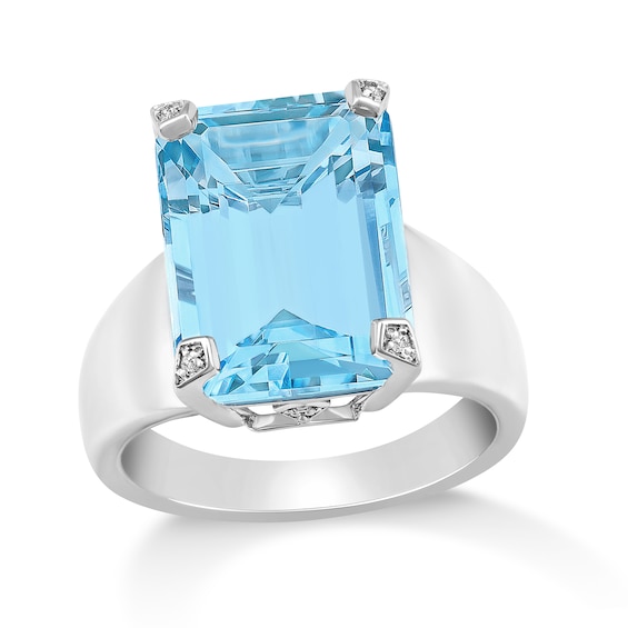 Emerald-Cut Sky Blue Lab-Created Topaz and 1/20 CT. T.w. Diamond Ring in Sterling Silver