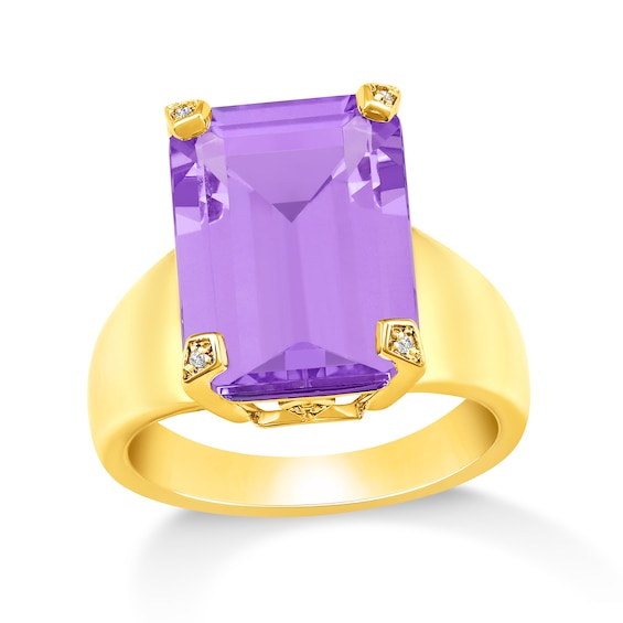 Emerald-Cut Lab-Created Amethyst and 1/20 CT. T.w. Diamond Ring in Sterling Silver with 14K Gold Plate