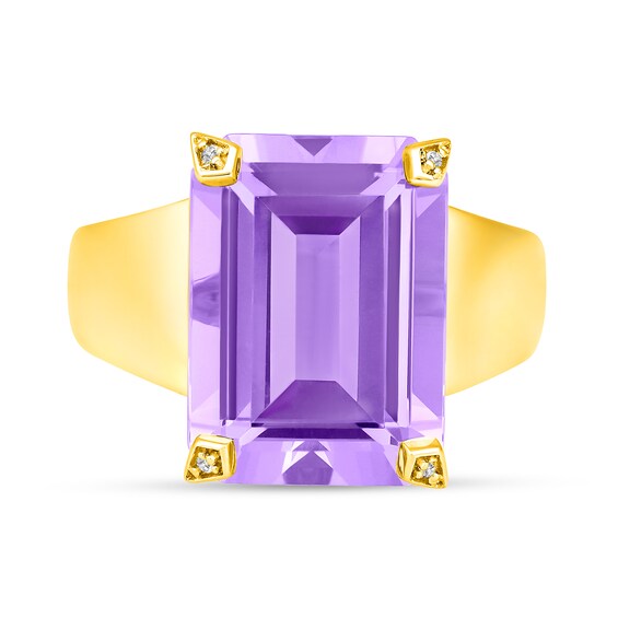 Emerald-Cut Lab-Created Amethyst and 1/20 CT. T.w. Diamond Ring in Sterling Silver with 14K Gold Plate