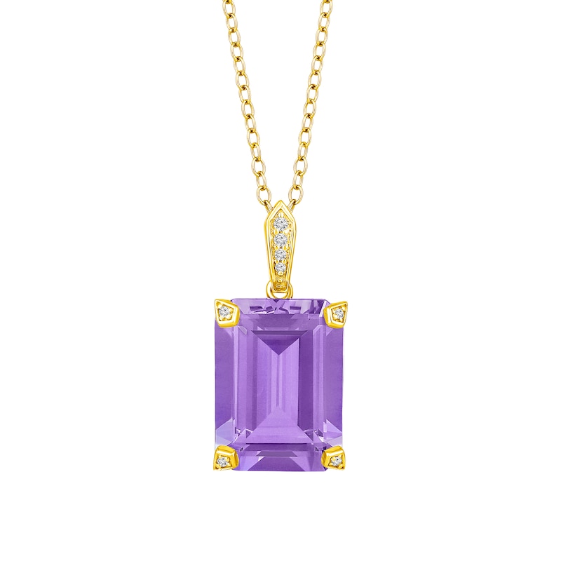 Main Image 1 of Emerald-Cut Lab-Created Amethyst and 1/10 CT. T.W. Diamond Pendant in Sterling Silver with 14K Gold Plate
