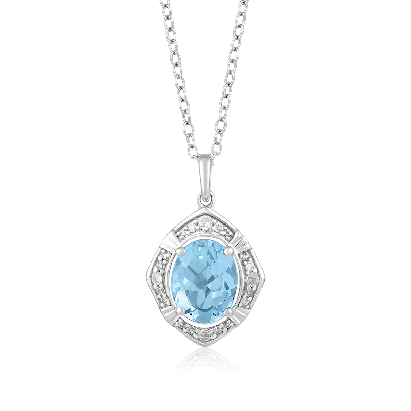 Main Image 1 of Oval Sky Blue Topaz and 1/8 CT. T.W. Diamond Tilted Frame Pendant in 10K White Gold