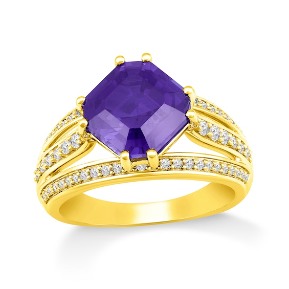 Tilted Octagon Lab-Created Amethyst and White Lab-Created Sapphire Multi-Row Ring in Sterling Silver with 14K Gold Plate