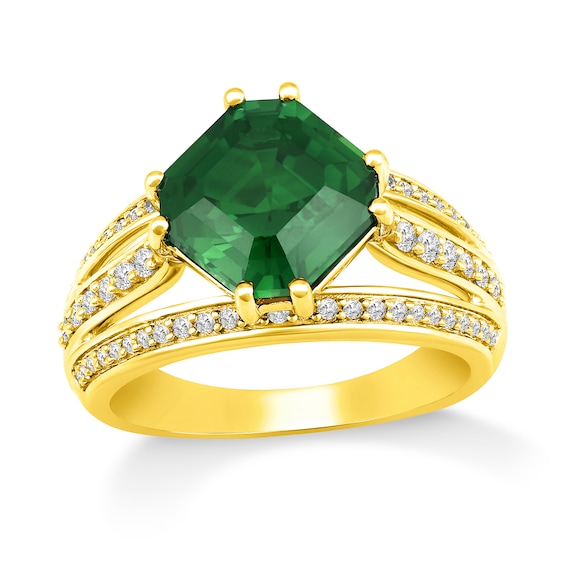 Tilted Octagon Lab-Created Emerald and White Lab-Created Sapphire Multi-Row Ring in Sterling Silver with 14K Gold Plate