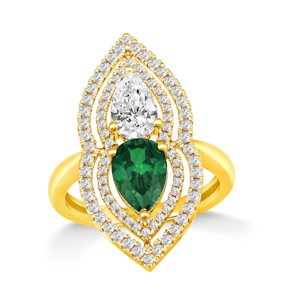 Pear-Shaped Lab-Created Emerald and White Lab-Created Sapphire Open Flower Ring in Sterling Silver with 14K Gold Plate