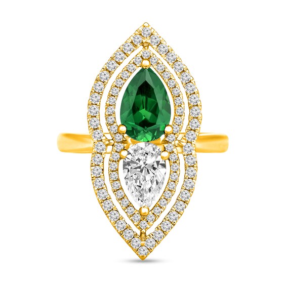 Pear-Shaped Lab-Created Emerald and White Lab-Created Sapphire Open Flower Ring in Sterling Silver with 14K Gold Plate