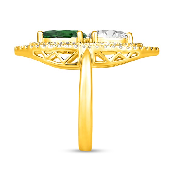 Pear-Shaped Lab-Created Emerald and White Lab-Created Sapphire Open Flower Ring in Sterling Silver with 14K Gold Plate