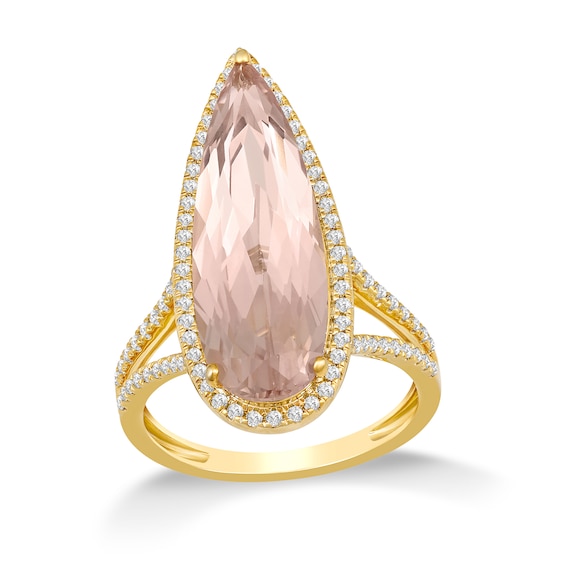 Elongated Pear-Shaped Lab-Created Morganite and White Lab-Created Sapphire Ring in Sterling Silver with 14K Gold Plate