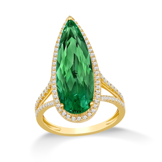 Elongated Pear-Shaped Lab-Created Emerald and White Lab-Created Sapphire Ring in Sterling Silver with 14K Gold Plate