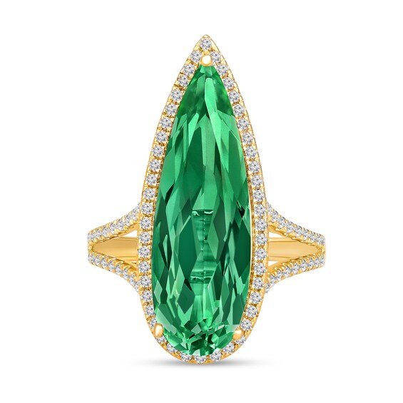 Elongated Pear-Shaped Lab-Created Emerald and White Lab-Created Sapphire Ring in Sterling Silver with 14K Gold Plate