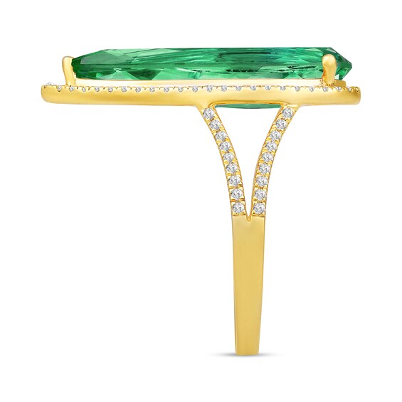 Elongated Pear-Shaped Lab-Created Emerald and White Lab-Created Sapphire Ring in Sterling Silver with 14K Gold Plate