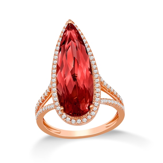 Elongated Pear-Shaped Lab-Created Ruby and White Lab-Created Sapphire Ring in Sterling Silver with 14K Gold Plate