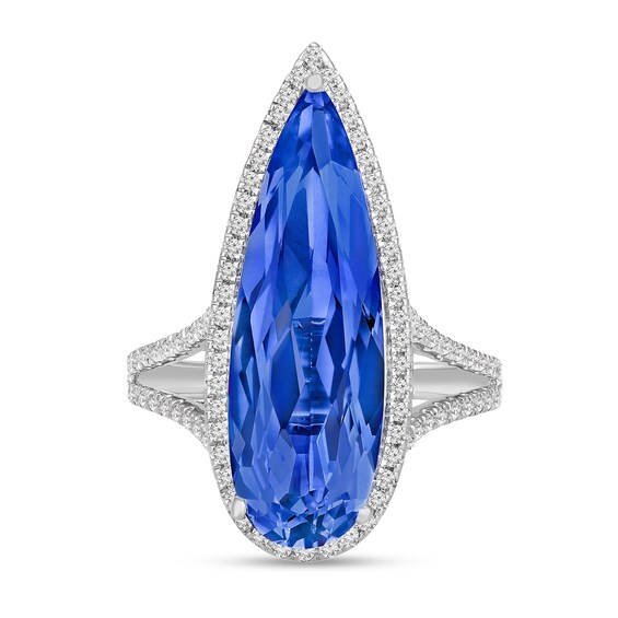 Elongated Pear-Shaped Blue Lab-Created Sapphire and White Lab-Created Sapphire Ring in Sterling Silver