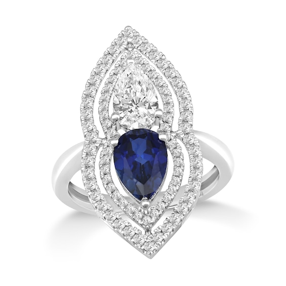 Pear-Shaped Blue Lab-Created Sapphire and White Lab-Created Sapphire Open Flower Ring in Sterling Silver