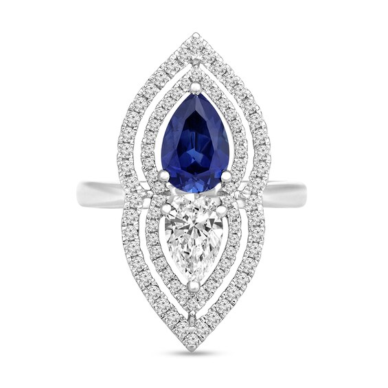 Pear-Shaped Blue Lab-Created Sapphire and White Lab-Created Sapphire Open Flower Ring in Sterling Silver