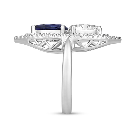 Pear-Shaped Blue Lab-Created Sapphire and White Lab-Created Sapphire Open Flower Ring in Sterling Silver