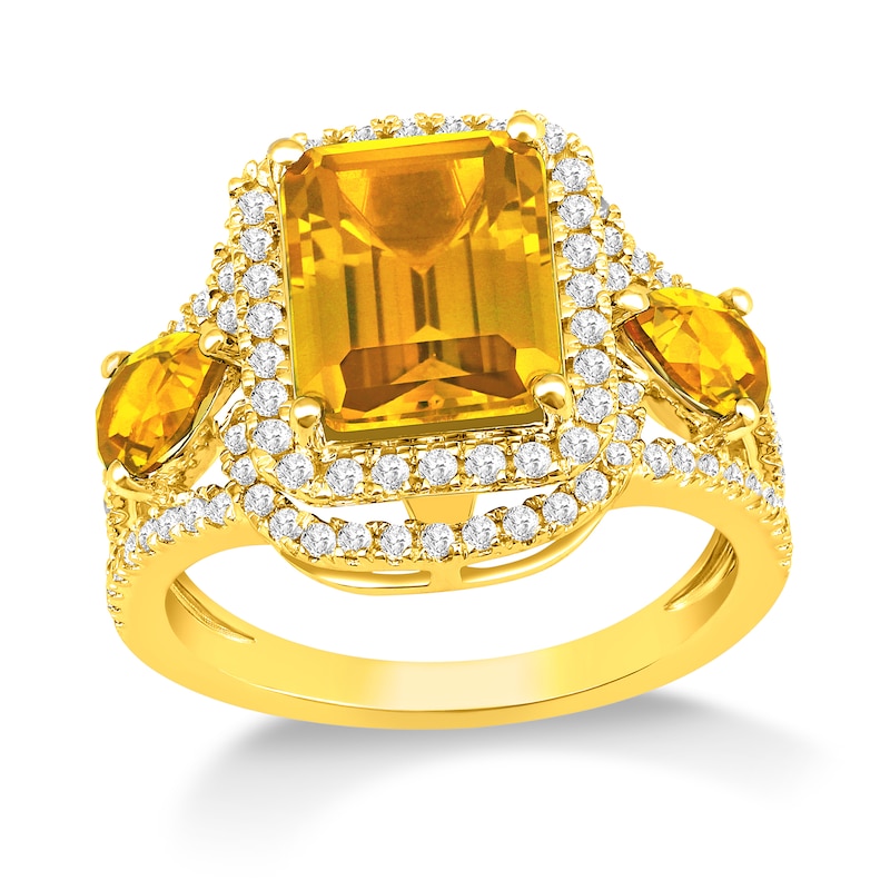 Main Image 1 of Emerald-Cut Yellow Lab-Created Sapphire and White Lab-Created Sapphire Frame Ring in Sterling Silver with 14K Gold Plate