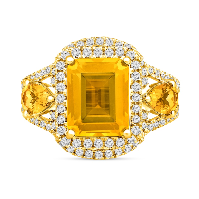 Main Image 2 of Emerald-Cut Yellow Lab-Created Sapphire and White Lab-Created Sapphire Frame Ring in Sterling Silver with 14K Gold Plate
