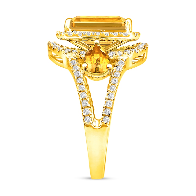 Main Image 4 of Emerald-Cut Yellow Lab-Created Sapphire and White Lab-Created Sapphire Frame Ring in Sterling Silver with 14K Gold Plate