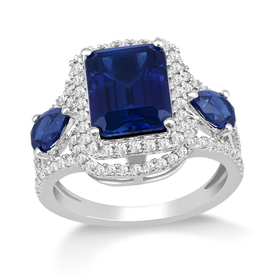 Emerald-Cut Blue Lab-Created Sapphire and White Lab-Created Sapphire Frame Ring in Sterling Silver