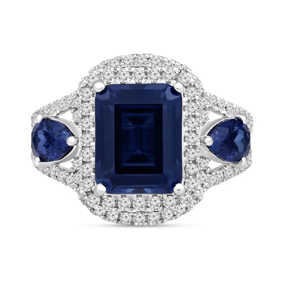 Emerald-Cut Blue Lab-Created Sapphire and White Lab-Created Sapphire Frame Ring in Sterling Silver