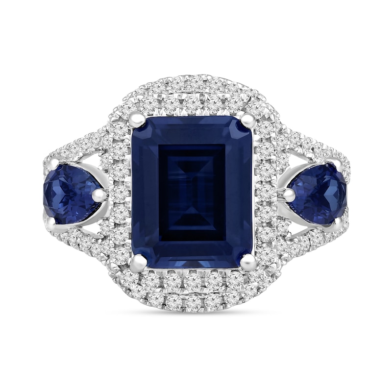 Main Image 2 of Emerald-Cut Blue Lab-Created Sapphire and White Lab-Created Sapphire Frame Ring in Sterling Silver