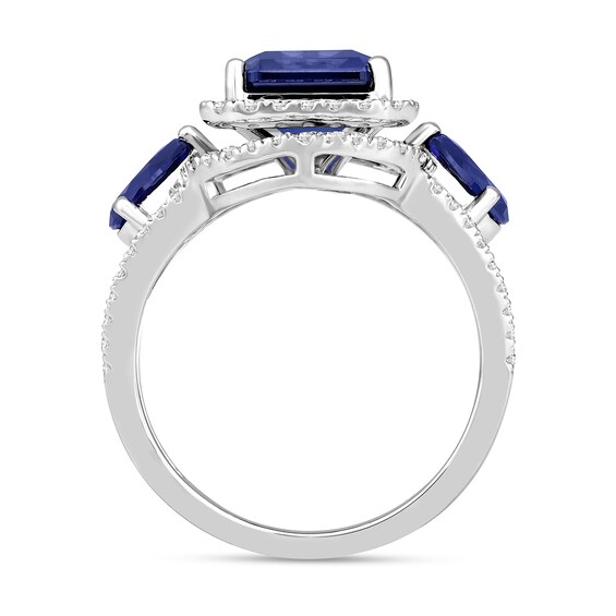 Emerald-Cut Blue Lab-Created Sapphire and White Lab-Created Sapphire Frame Ring in Sterling Silver