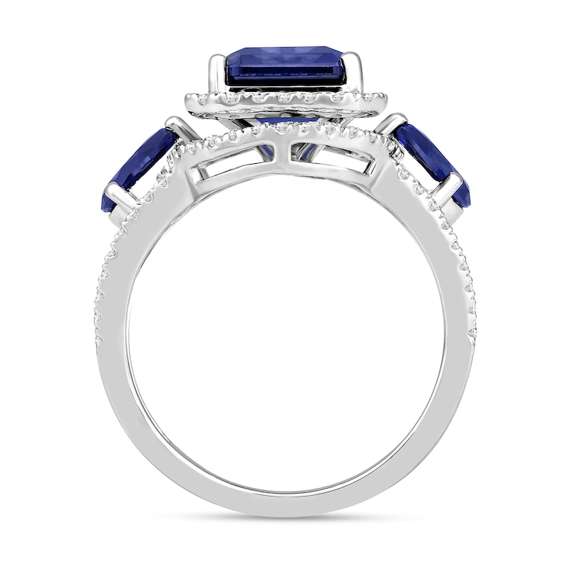 Main Image 3 of Emerald-Cut Blue Lab-Created Sapphire and White Lab-Created Sapphire Frame Ring in Sterling Silver